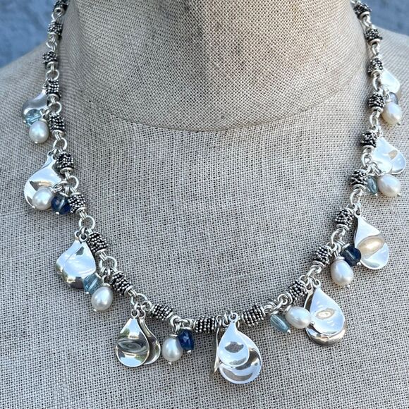 Michael Dawkins Sterling Silver Pearl Blue Bead Caviar Dangle Toggle Necklace - Picture 1 of 13